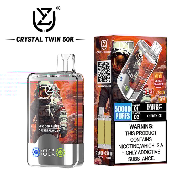 Crystal Twin 50K vape device and packaging featuring astronaut-themed artwork, 50,000 puffs, dual flavors of Blueberry Raspberry and Cherry Ice, and a nicotine addiction warning.