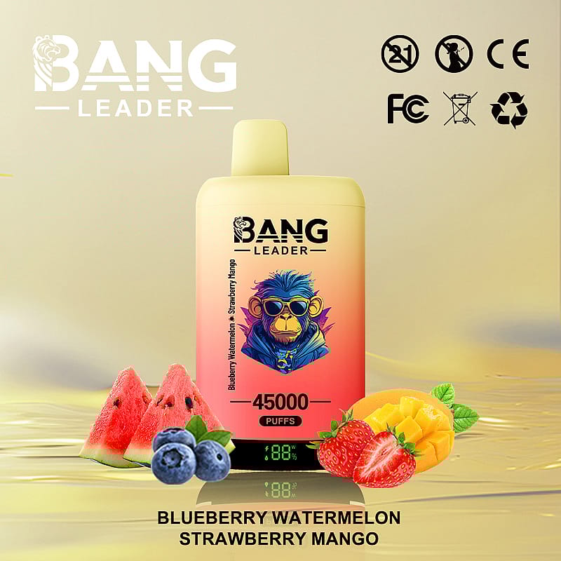 Image promotionnelle d'une vape Bang Leader aux saveurs Myrtille Pastèque et Fraise Mangue, avec une capacité de 45 000 bouffées et une marque stylisée sur un fond dégradé avec des fruits illustrés.