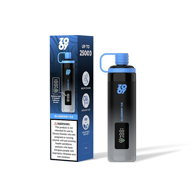 A vaping device and its packaging featuring the brand logo, health warnings, and specifications including 'Blueberry Ice' flavor and adjustable settings.