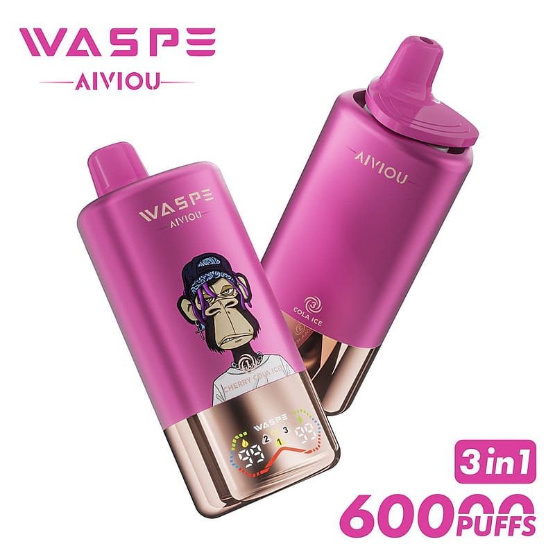 Two pink Wasipe Aivyou vape devices with a monkey illustration and the label 'Cola Ice,' featuring 6000 puffs and a 3-in-1 function.