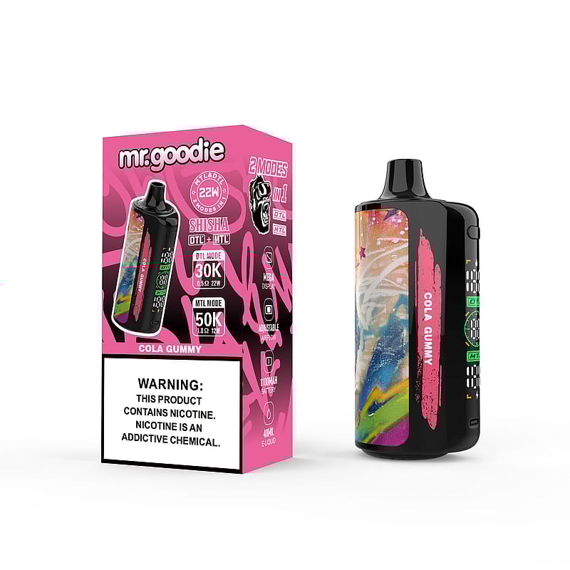 Confezione del prodotto e dispositivo per lo svapo al gusto 'Mr. Goodie Cola Gummy', con grafica vivace e specifiche, tra cui doppia modalità e avvertenza sulla nicotina.
