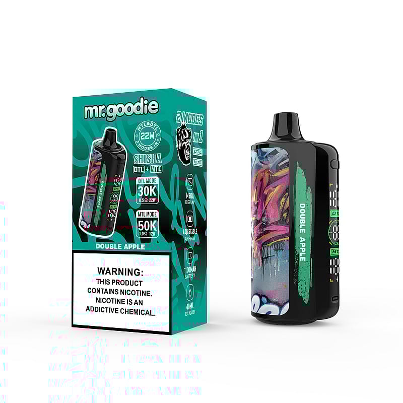 Un elegante dispositivo per lo svapo nero con l'etichetta "Double Apple" e la sua colorata confezione con il marchio, i dettagli del prodotto e un'avvertenza sulla nicotina.