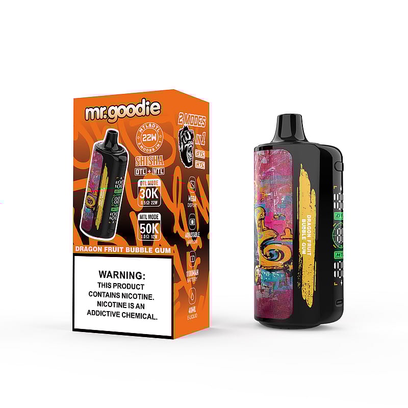 Un dispositivo per lo svapo colorato e la sua confezione, etichettata "Mr. Goodie" con dettagli tra cui il sapore "Dragon Fruit Bubble Gum", funzionalità a 2 modalità per impostazioni DTL e MTL e un'avvertenza sulla nicotina ben visibile.