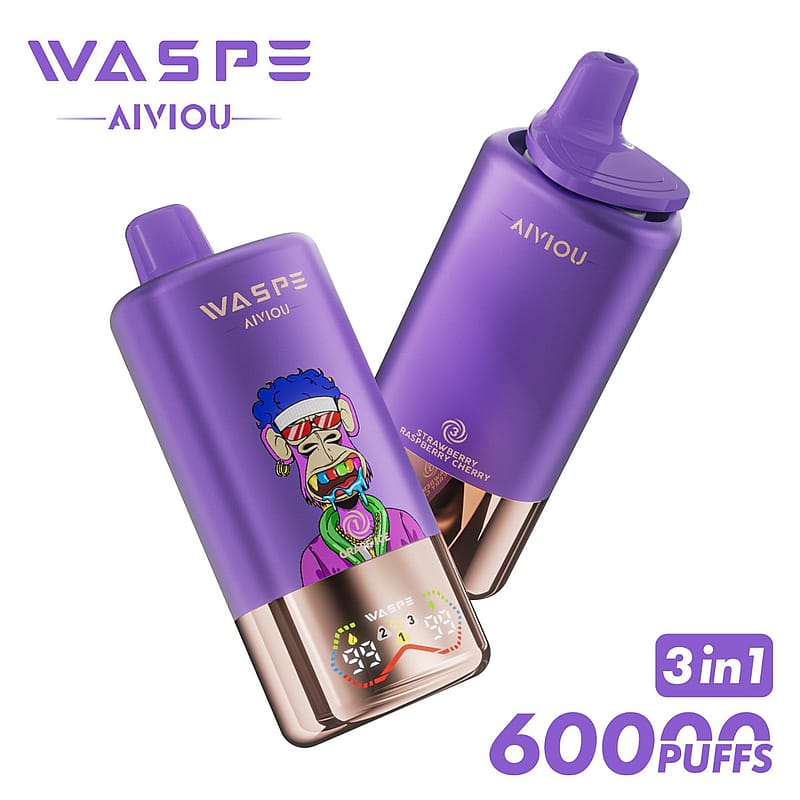 Two purple Waspe Aivyou vaping devices, each featuring a stylized cartoon monkey wearing sunglasses, with the flavor 'Strawberry Raspberry Cherry' indicated and a capacity of 6000 puffs highlighted.