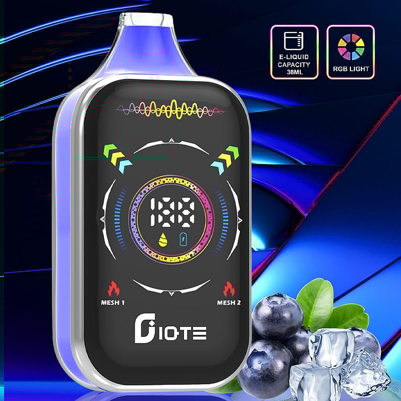 A digital vaping device with a screen displaying multicolor graphics, labeled 'DIOTE', accompanied by blueberries and ice cubes on a blue background.