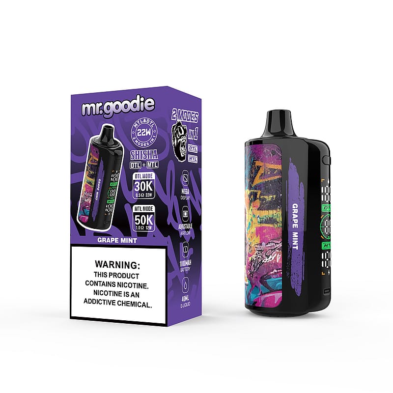 Un dispositivo per shisha nero e colorato con l'etichetta "Grape Mint" esposto accanto alla confezione, con specifiche e un'avvertenza sulla nicotina.