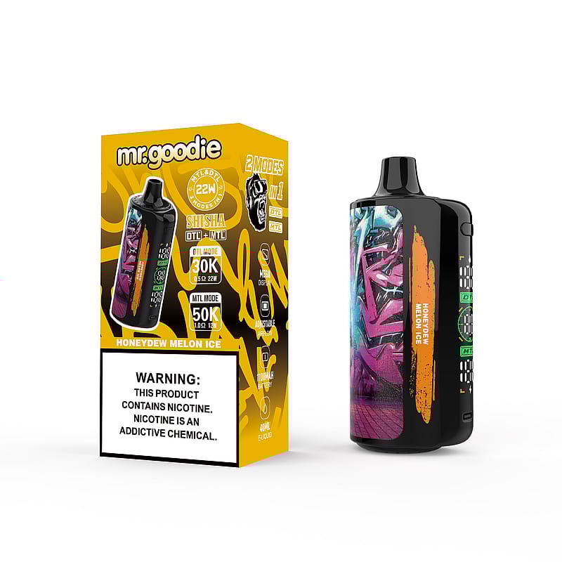 Un dispositivo per svapare Mr. Goodie nero con una grafica colorata in stile graffiti accanto alla confezione gialla con il marchio "Honeydew Melon Ice", con dettagli sulle doppie modalità, avvertenze sulla nicotina e specifiche tecniche.