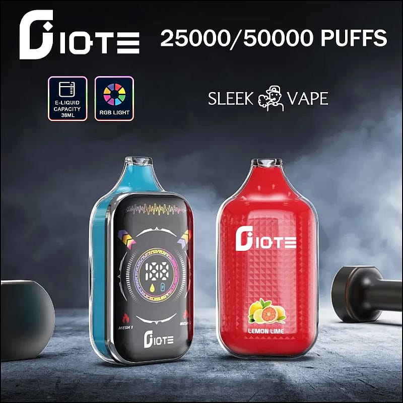 Promotional image of two GIOTE vapes, one black with colorful graphics and one red with a lemon lime design, highlighting 25000/50000 puffs and features like 38ml e-liquid capacity and RGB lighting on a smoky background.