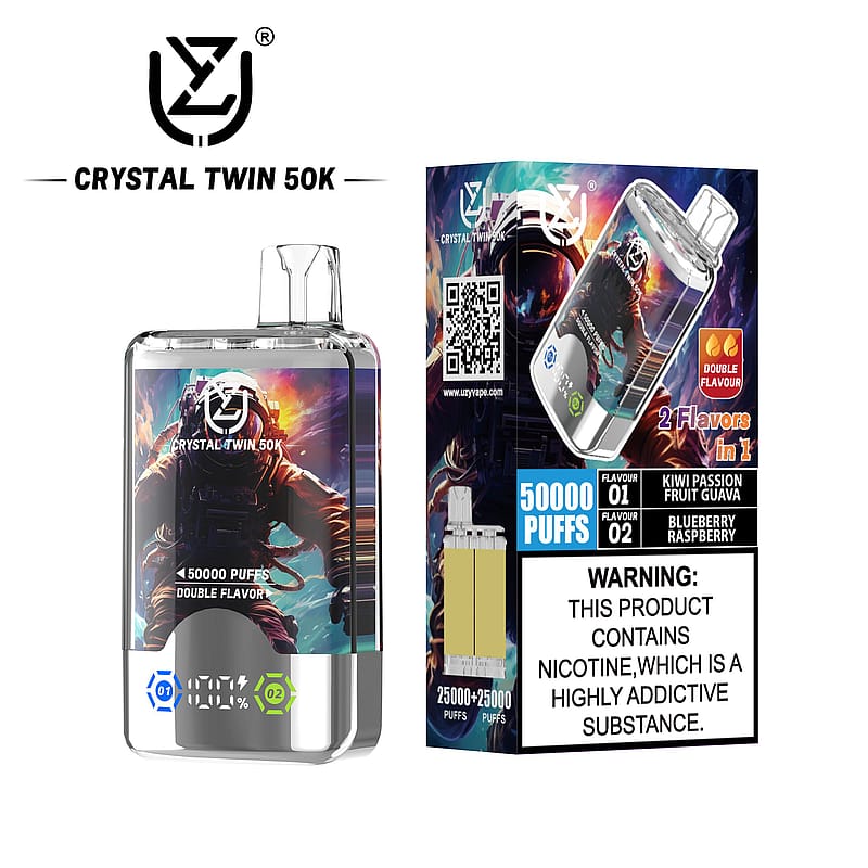 A product image of the Crystal Twin 50K vape device and its packaging, featuring a dual-flavor system with options Kiwi Passion Fruit Guava and Blueberry Raspberry, alongside warning text about nicotine addiction.