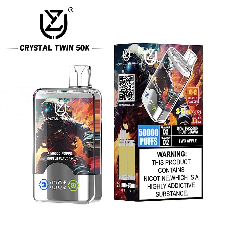 Product image showcasing the Crystal Twin 50K vape, featuring an astronaut design and details about 50,000 puffs and two flavors: Kiwi Passion Fruit Guava and Two Apple, alongside a warning about nicotine addiction.
