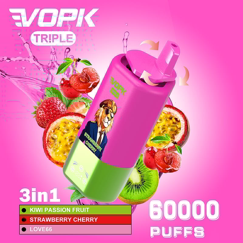 Reklambild som visar VOPK Triple vaping-enheten med jordgubbs- och körsbärssmak, som visar 3-i-1-alternativ, omgiven av frukter som jordgubbar, passionsfrukter och kiwi, med text som indikerar 60 000 bloss och en lejonfigur på enheten.