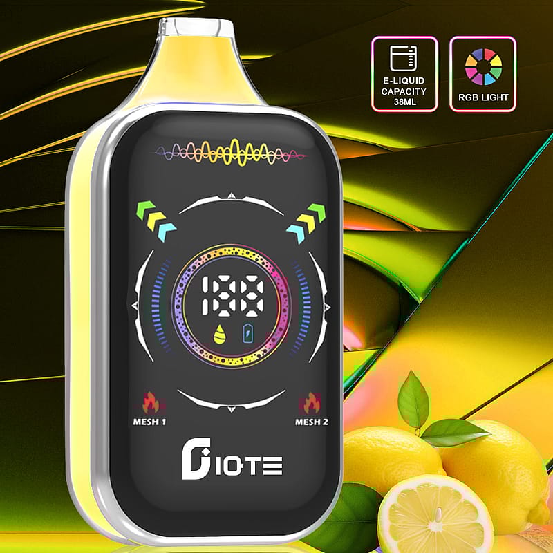 Electronic vaping device with a sleek black and yellow design featuring an LCD display and RGB lights, positioned against a vibrant background with lemons in the foreground.