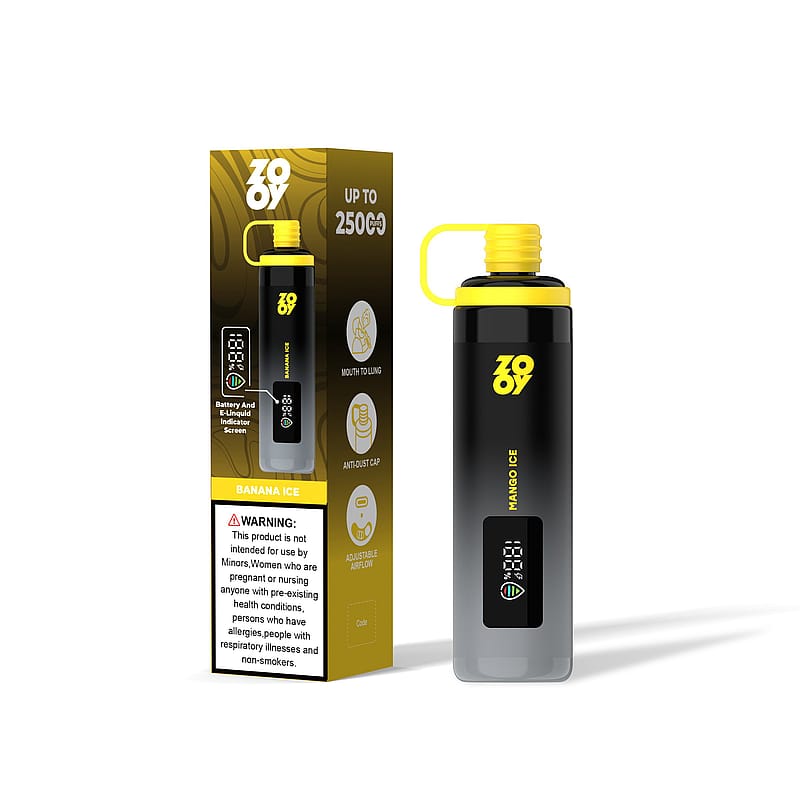 Promotional image featuring a vaping device labeled 'Mango Ice' with a black and yellow design, displayed beside its branded packaging that states the features like '2500 Puffs', and includes a safety warning about usage restrictions.