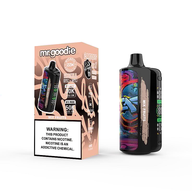 Scatola e dispositivo per svapare Mr. Goodie Mix Fruits, caratterizzati da un marchio in stile graffiti dai colori vivaci e da un testo di avvertenza sulla nicotina sulla confezione.