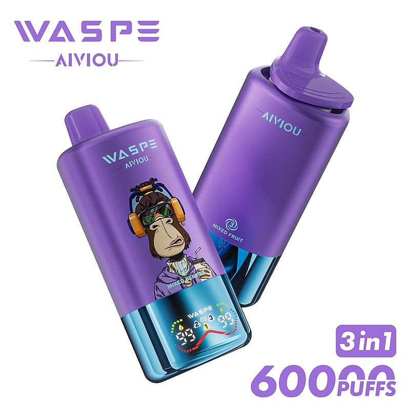 Two purple vape devices with "WASPE AIVIOU" branding, featuring a cartoon monkey wearing headphones and sunglasses; the devices offer a mixed fruit flavor and claim 60000 puffs.