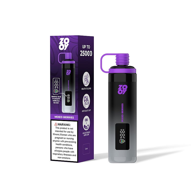 A vaping product featuring a cylindrical device with a digital indicator screen and purple accents, displayed alongside its packaging that highlights its features like adjustable airflow and anti-dust cap, with a warning label for intended usage.