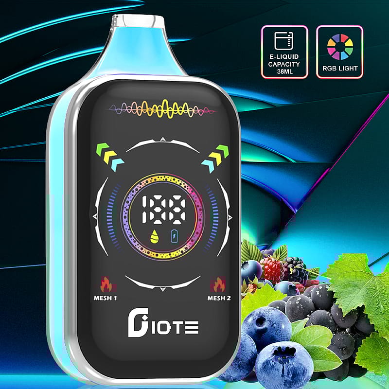 A digital vaping device with a futuristic design, displaying mesh options and a colorful light pattern, set against a dynamic blue background with assorted berries and icons indicating 38ml e-liquid capacity and RGB light feature.