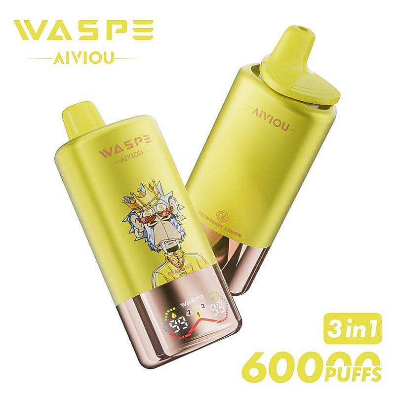 Two yellow vape devices from the WASP Aivou brand are shown, one featuring a cartoon monkey with a crown on the surface, labeled "Cranberry Lemon," and text indicating "3 in 1" and "60000 puffs."