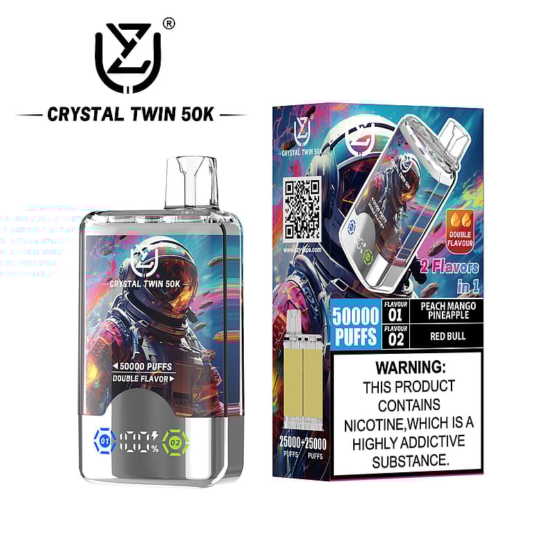 Crystal Twin 50K vape product showcasing its design, packaging, and branding with features such as 50,000 puffs and dual flavors including Peach Mango Pineapple and Red Bull, accompanied by a nicotine warning label.