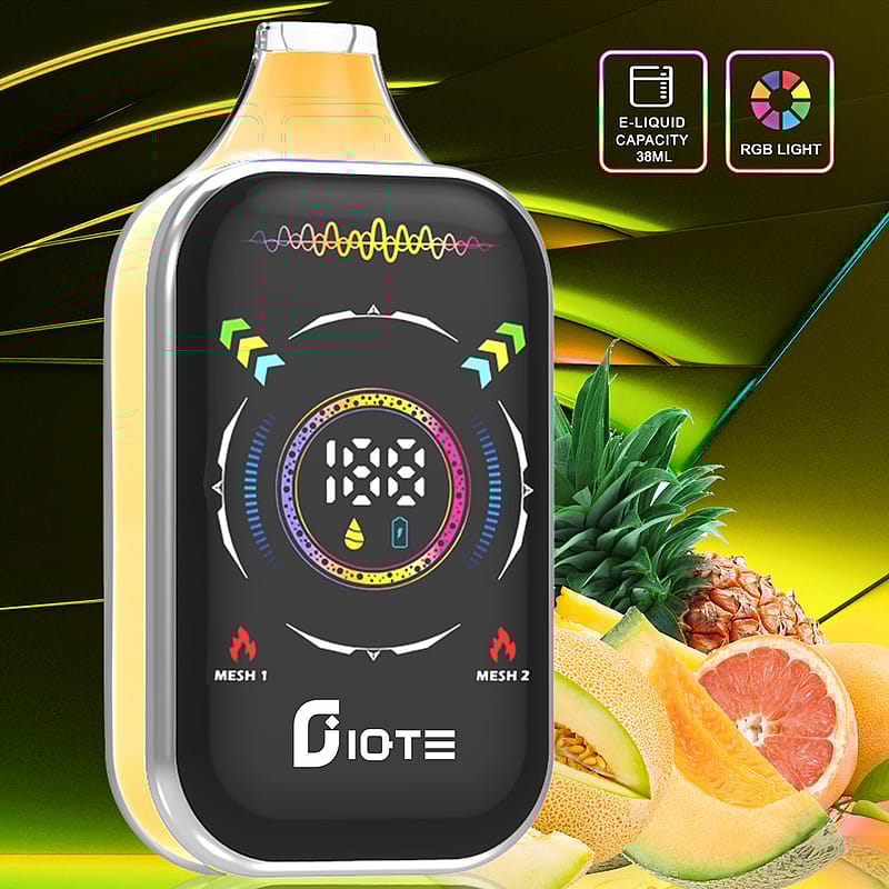 A colorful vape device with a digital display and design elements highlighting 38ml e-liquid capacity and RGB lighting, set against a vibrant background featuring tropical fruits like pineapple and melon.