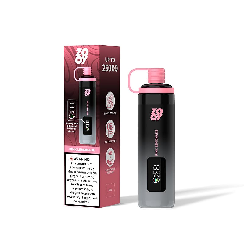 Product image showing a vaping device labeled 'Pink Lemonade' alongside its packaging, which highlights features like an indicator screen, adjustable airflow, and usage warnings.