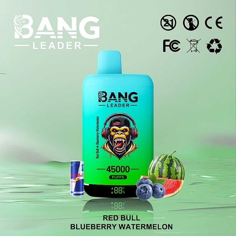 Affichage promotionnel d'un appareil de vapotage Bang Leader avec une saveur Red Bull et des accents de pastèque à la myrtille, entouré d'images pertinentes et de symboles de certification.