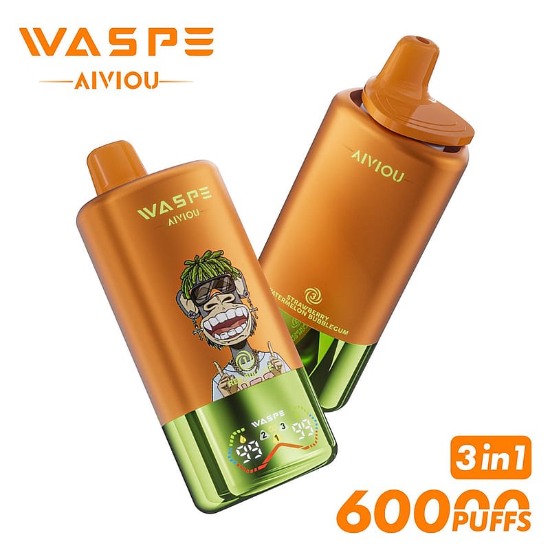 Two orange and green vape devices branded "WASPE AIVIOU" are shown, featuring a cartoon character with green hair and sunglasses, and labeled "3 in 1, 60000 PUFFS" with the flavor "Strawberry Watermelon Bubblegum."
