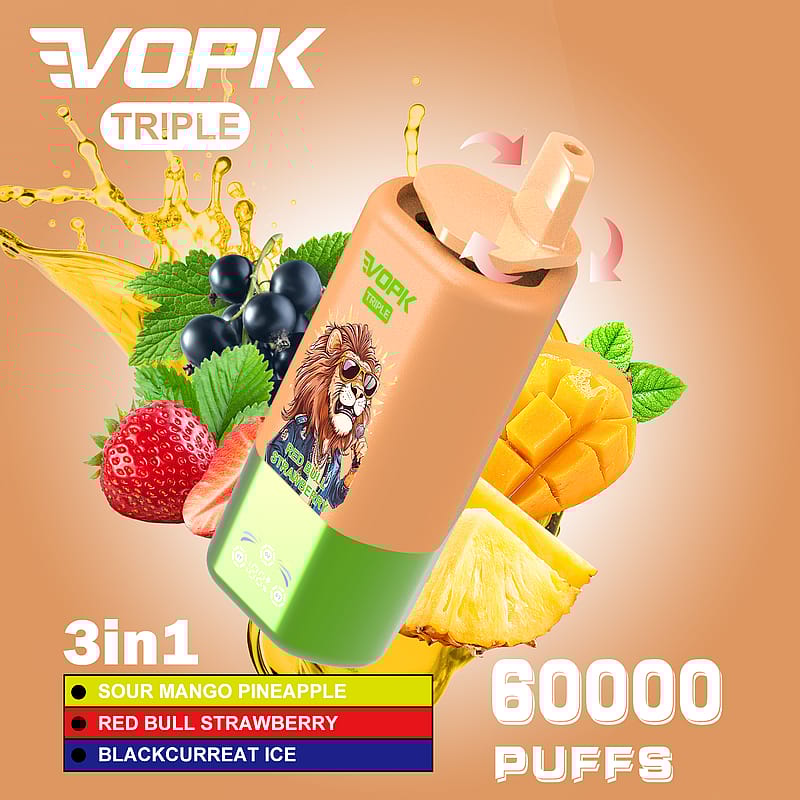 En reklambild för en VOPK Triple vape med en färgglad design och illustrationer av frukter, inklusive mango, ananas, jordgubbar och svarta vinbär, märkt med att ge 60 000 puffar med tre smaker: sur mango och ananas, Red Bull-jordgubb och svarta vinbärsis.