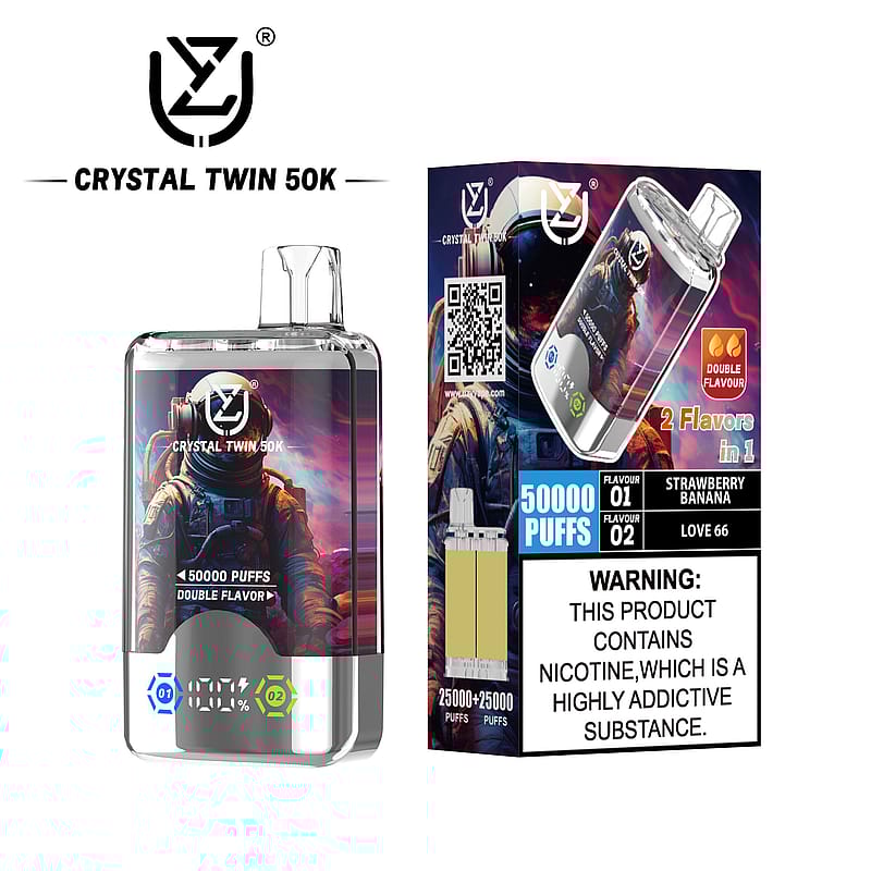 Crystal Twin 50K electronic cigarette packaging featuring 2 flavors, Strawberry Banana and Love 66, with 50,000 puffs capacity and a warning about nicotine content.
