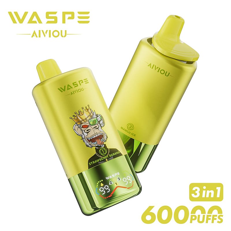 Two yellow WASPE AIVIOU vape devices, one featuring a cartoon gorilla wearing a crown labeled 'Strawberry Banana' and the other labeled 'Mango Ice,' with '3 in 1' and '60000 PUFFS' written at the bottom.