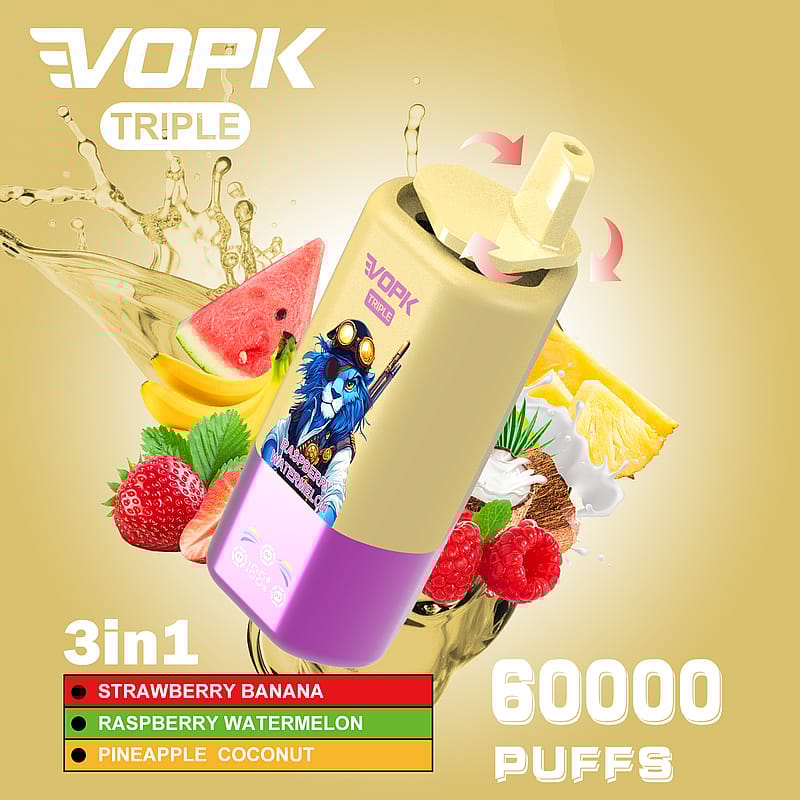 Reklambild av en Vopk Triple elektronisk vape-enhet som visar upp dess 3-i-1-smaker: Jordgubb, Banan, Hallon, Vattenmelon och Ananas, Kokos. Innehåller livfulla frukter och en kapacitet på 60 000 bloss, med en illustration av en steampunk-liknande karaktär på enheten.