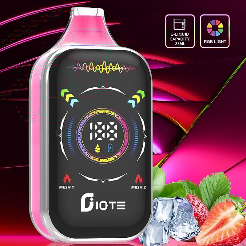 A pink electronic vape device with a digital screen displaying graphics including fire icons for Mesh 1 and Mesh 2, surrounded by RGB light effects, with strawberries, mint leaves, and ice cubes on a colorful abstract background; highlights include its 38ml e-liquid capacity and RGB lighting.