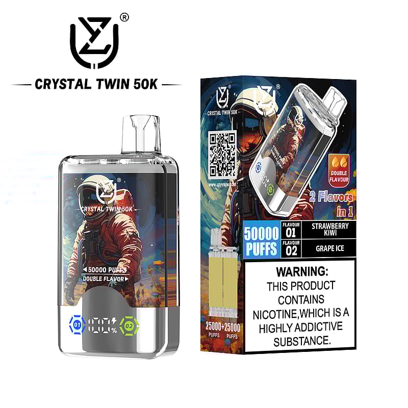 Packaging and view of the Crystal Twin 50K electronic vaping device, featuring a dual-flavor option of Strawberry Kiwi and Grape Ice, showing bold branding and a health warning about nicotine content.