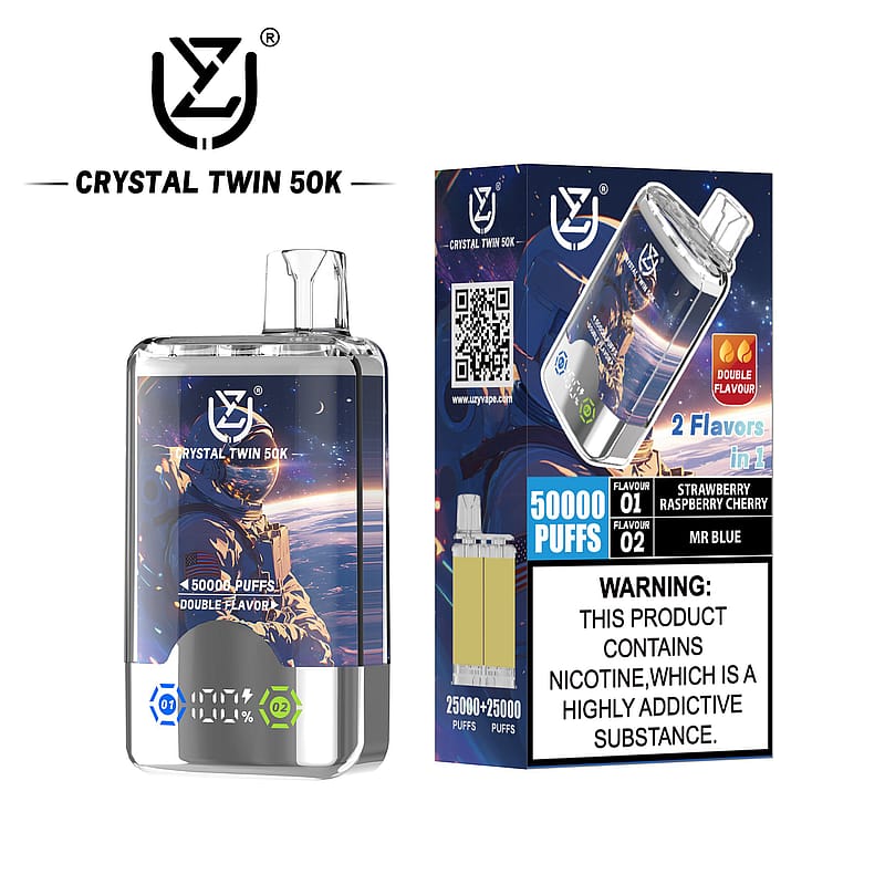 Packaging and product of Crystal Twin 50K vape, featuring a double-flavored disposable device with 50,000 puffs, flavors Strawberry Raspberry Cherry and Mr Blue, and health warning about nicotine content.