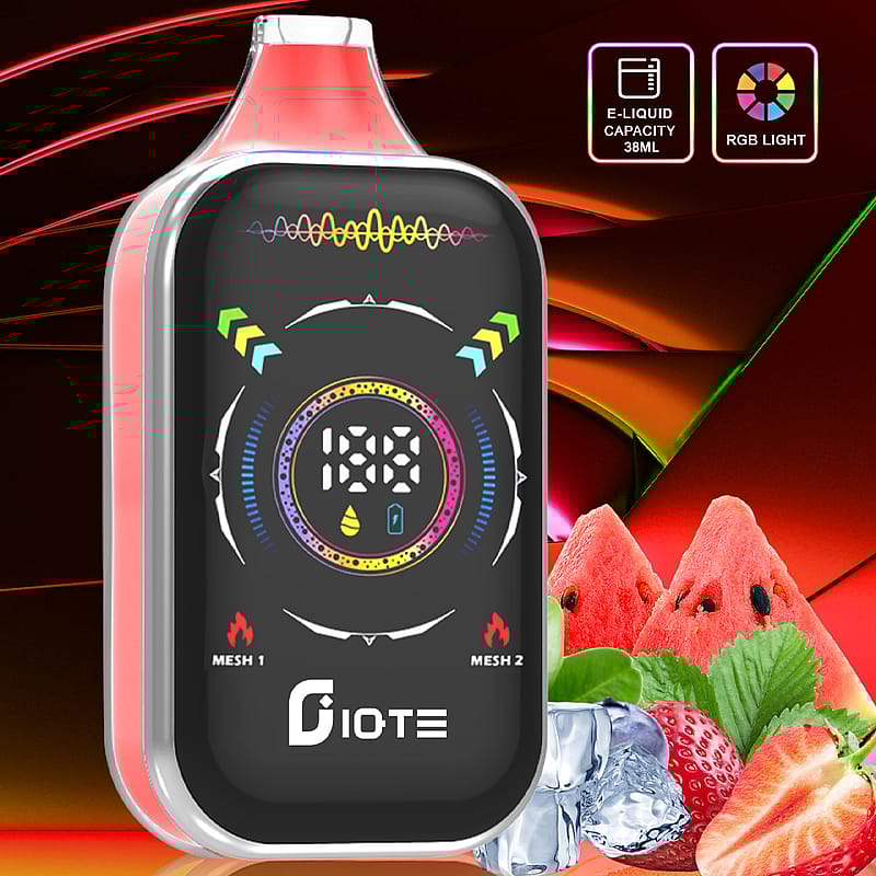 Colorful electronic vape device with a digital display, RGB lighting effects, surrounded by illustrations of watermelon, strawberry, and ice on a stylized background.