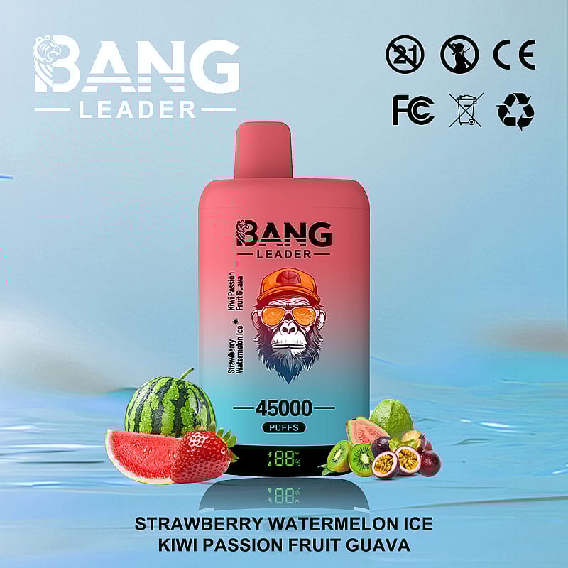 Image promotionnelle de l'appareil de vapotage Bang Leader présentant des saveurs telles que la glace à la fraise et à la pastèque et la goyave au kiwi, illustrées d'illustrations graphiques de fruits sur fond bleu.