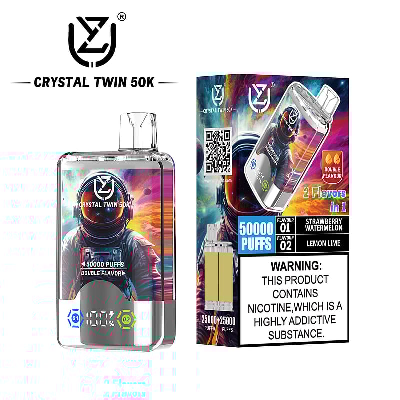 Packaging and product of the Crystal Twin 50K e-cigarette, featuring a design with an astronaut and colorful background, offering double flavors of Strawberry Watermelon and Lemon Lime, with a 50,000 puffs capacity; includes a nicotine addiction warning label.