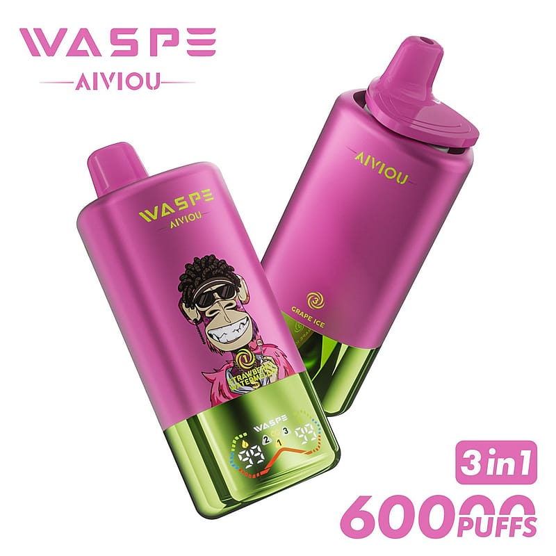 Two pink and green Waspe Aivyou vape devices, one displaying a cartoon ape with sunglasses, advertising 60000 puffs and grape ice flavor.