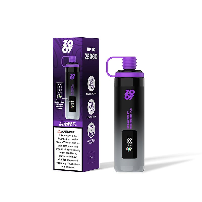 A vaping device showcasing its packaging and features, including Strawberry Raspberry Ice flavor and a digital indicator screen, alongside warnings against use by minors and non-smokers.