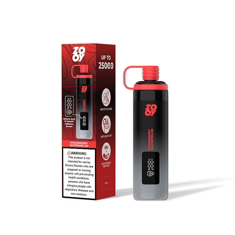 A vaping device labeled 'Strawberry Watermelon' displayed alongside its packaging box, featuring battery and e-liquid indicator screen details and warnings.