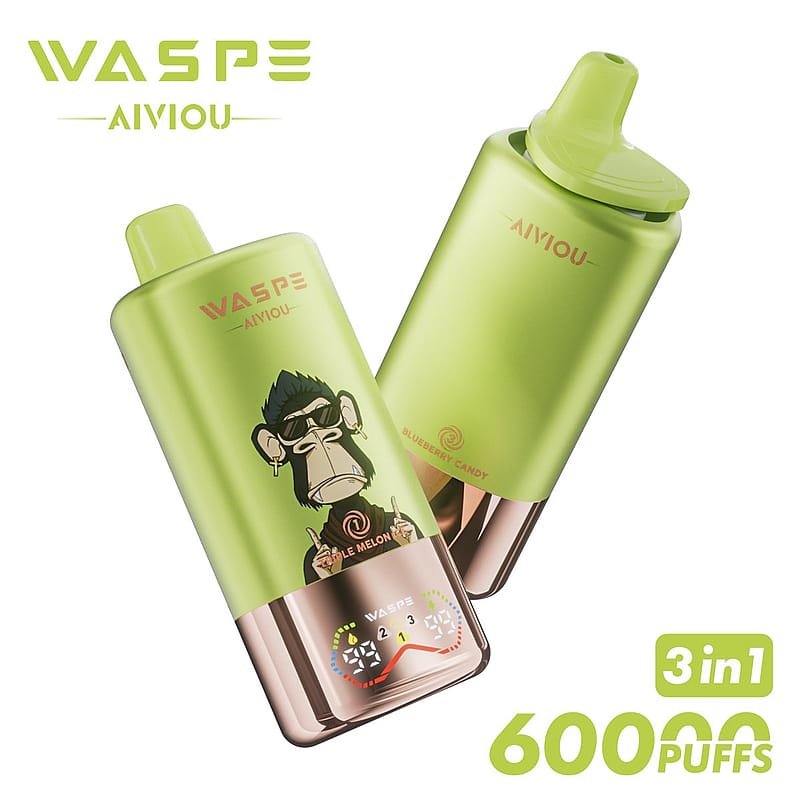 Two green WASPE AIVIOU vaping devices featuring a cartoon monkey design and the text "3 in 1 60000 PUFFS."