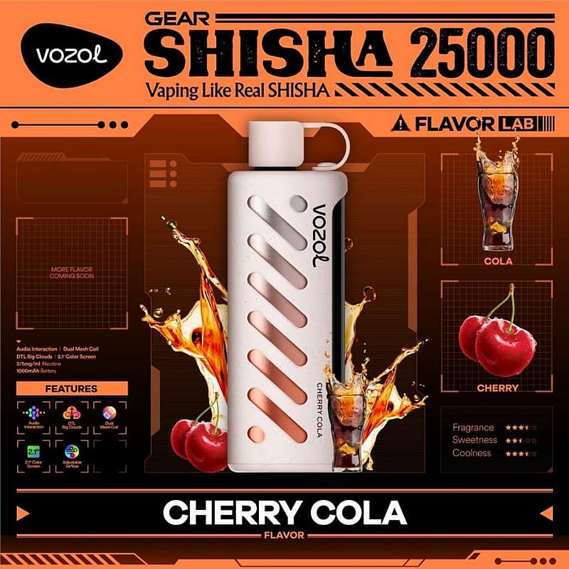 Promotional graphic for the Vozol Gear Shisha 25000 vape, featuring the Cherry Cola flavor with images of a cola drink and cherries, and product features like dual mesh coil and big clouds indicated.