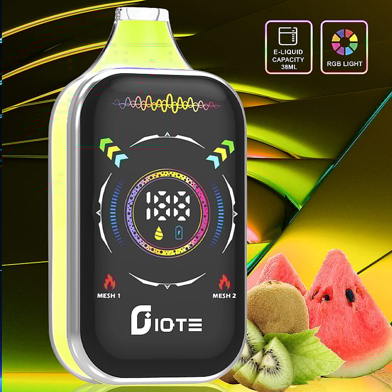 Colorful vaping device with digital display showing e-liquid capacity of 38ml and RGB light feature, alongside kiwi and watermelon slices in the background.