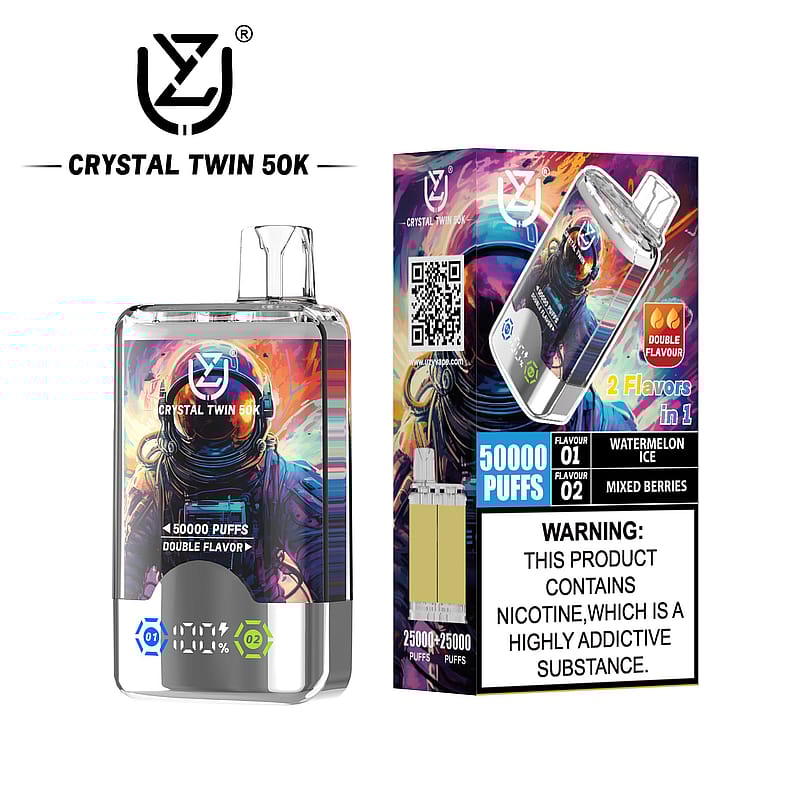 Product image featuring the Crystal Twin 50K vape device, showcasing colorful designs with a digital puff counter and dual flavors of Watermelon Ice and Mixed Berries, along with packaging displaying product details and a nicotine addiction warning.