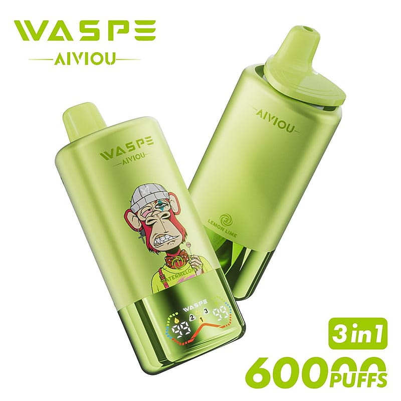 Two green WASP Aivou disposable vapes with a cartoon monkey design, featuring a digital display and labeled as 6000 puffs with '3 in 1' flavor options including lemon lime.