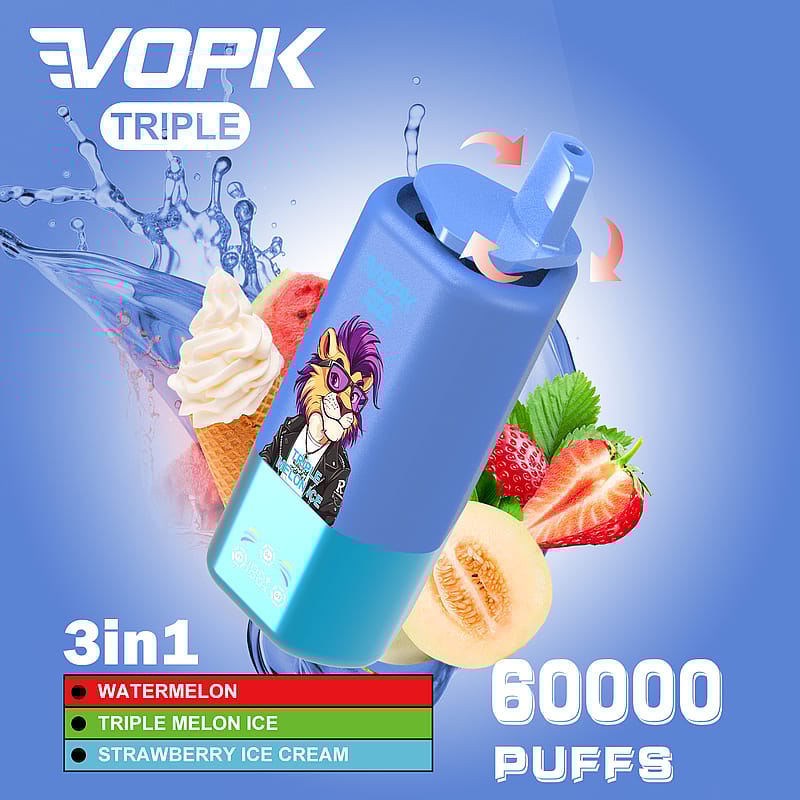 Reklambild för en VOPK Triple 3-i-1-vapingenhet med 60 000 puffar med smaker som vattenmelon, trippelmelonglass och jordgubbsglass, visad med relaterade smakillustrationer och en snygg lejongrafik på enheten.