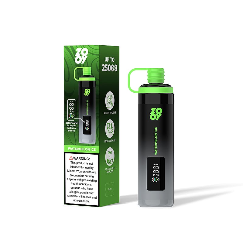 A watermelon ice flavored vaping device with a black and green design, shown alongside its green and black packaging featuring product details and warnings.