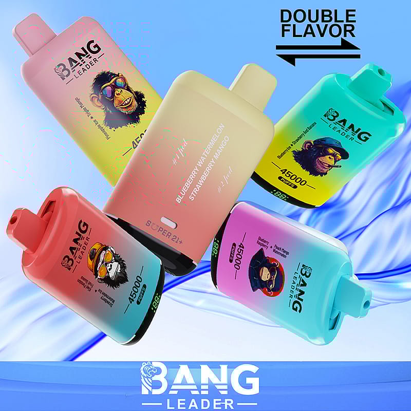 Une gamme d'appareils de vapotage colorés de marque Bang Leader proposant des saveurs assorties, avec un texte indiquant « DOUBLE SAVEUR » et « 45 000 » bouffées sur un fond bleu.