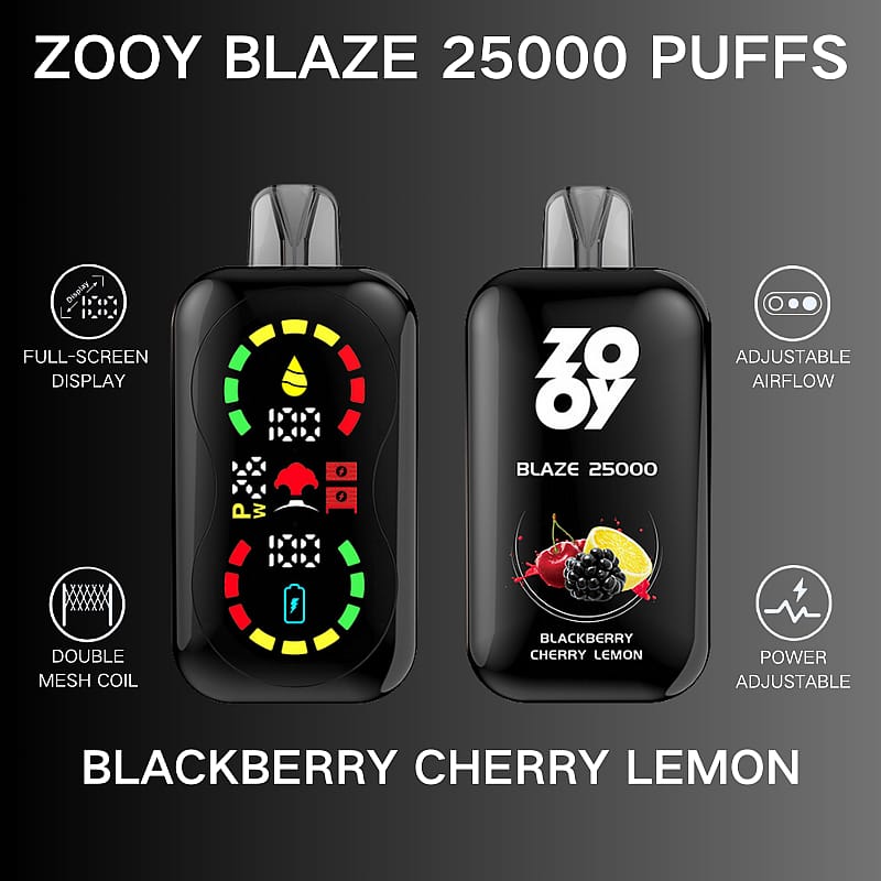 Imagen promocional del dispositivo de vapeo Zooy Blaze de 25000 bocanadas que destaca características como pantalla completa, flujo de aire ajustable, bobina de doble malla, ajuste de potencia y un sabor a mora, cereza y limón.