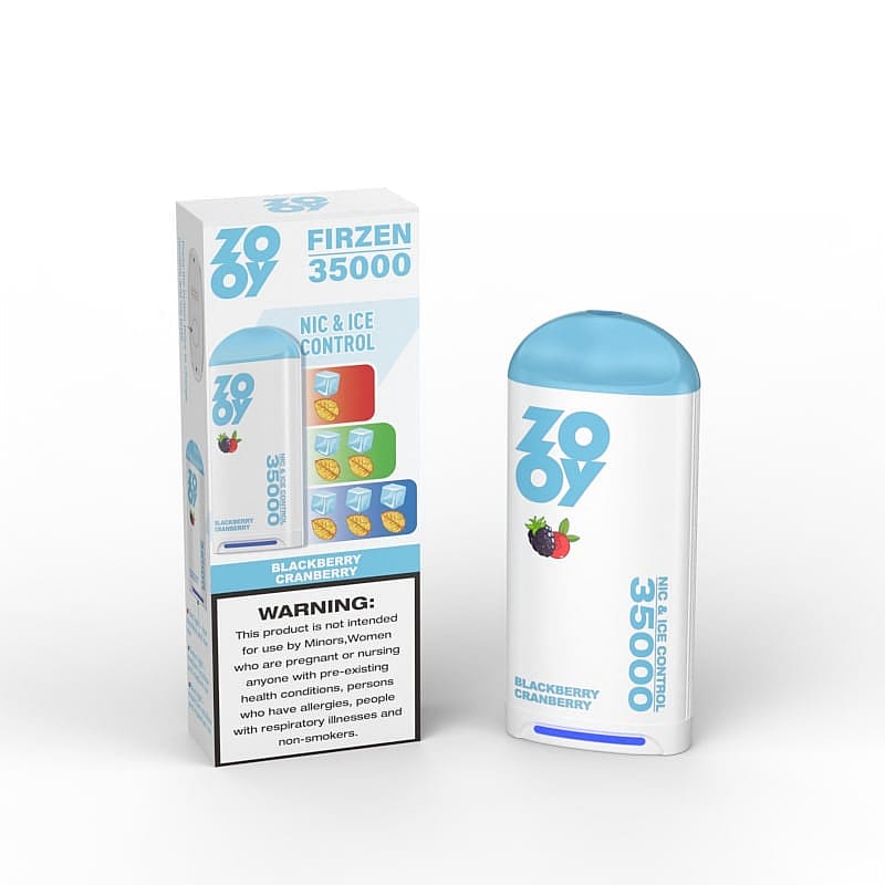 Image of a ZOOV Firzen 35000 vape device and packaging, featuring blackberry and cranberry flavor design with information about 'Nic & Ice Control' technology and a cautionary warning on the box.